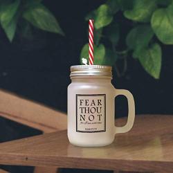 Light Blue Fear Thou Not For I Am With Thee Frosted Glass Mason Jar With Straw