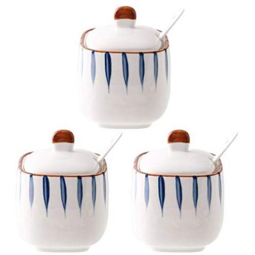 Unterglasur Keramik Spice Jar Japanische Haushalt Hand Gemalt Zucker Salz Shaker Gewürz Tank mit L?ffel Deckel Vier-teiliges Set Condiment bottles (Farbe : B)