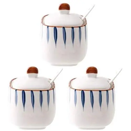 Bouteilles d'épices en céramique sous-émail, pot japonais pour épices et sucre, avec cuillère et couvercle, ensemble de quatre pièces (Couleur : B) Bouteilles d'épices en céramique sous-émail, pot japonais pour épices et sucre, avec cuillère et couvercle, ensemble de quatre pièces (Couleur : B)