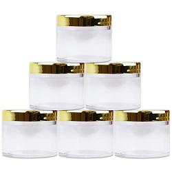 Beauticom 2 oz./ 60 Grams/ 60 ML (Quantity: 6 Packs) Thick Wall Round Clear Plastic LEAK-PROOF Jars Container with GOLD Lids for Cosmetic, Lip Balm, Lip Gloss, Creams, Lotions, Liquids