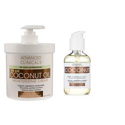 Advanced Clinicals Coconut Oil Body Cream and Coconut Body oil skin care set for men and women. Large 16oz cream for face and body and 4oz body oil helps with stretch marks, scars, and blemishes.