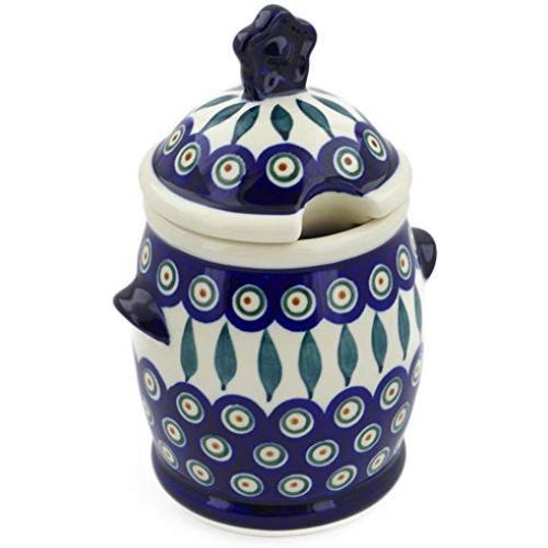 Polish Pottery 7?-inch Jar with Lid and Handles (Peacock Leaves Theme) + Certificate of Authenticity