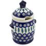 Polish Pottery 7?-inch Jar with Lid and Handles (Peacock Leaves Theme) + Certificate of Authenticity