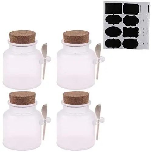Bouteilles de Pétales de Sable ou Cosmétiques Vides en Plastique Transparent 4 Pièces avec Couvercle en Bois et Cuillère – Contenant DIY 300g (72 Étiquettes Stickers Gratuites)