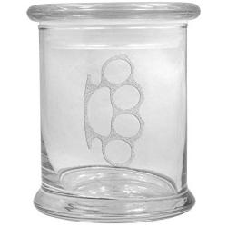 12 oz Clear Glass Herb Stash Jar and Lid with Brass Knuckles Logo