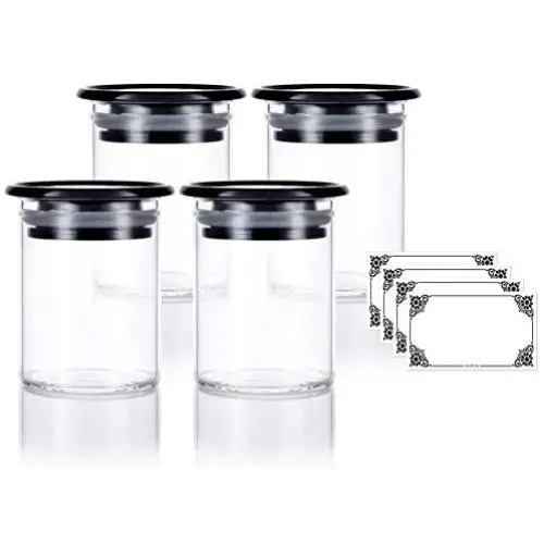 4er Set Premium Klare Borosilikatglasbehälter mit Schwarzer Silikonversiegelung (2 oz) + Etiketten