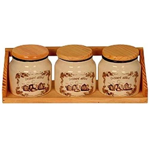 Mystyle Label Ceramic Kitchen Canister Set with Airtight Bamboo Lid for Coffee Tea Sugar Food Storage Pickle Container Jar with Wooden Stand Porcelain Jar Gift for Women,Round Set of 3