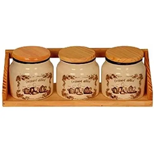 Mystyle Label Keramik Küchenbehälter Set mit Bambusdeckel für Kaffee, Tee, Zucker, Lebensmittel, Essiggitter Behälter mit Holzt stand Porzellanbehälter – Geschenk für Frauen, Rundes Set aus 3 Stück