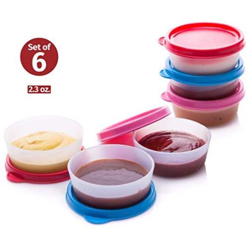 Condiment Cups Containers with Lid Salad Dressing Container to go Small Mini Food Storage Containers with Lids Sauce Cups Leak proof Reusable Plastic BPA free 6 pk. 2.3 oz. for Lunch Box Picnic Travel