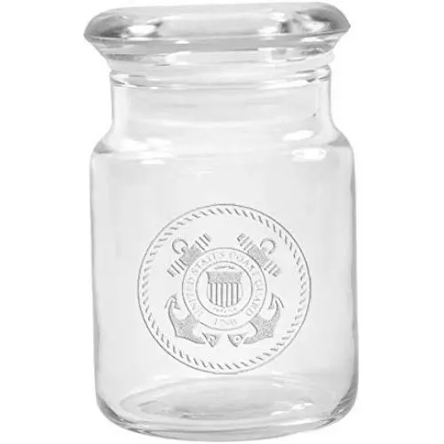 Clear Glass Herb Stash Jar with Lid 4.5 oz with US Cost Guard Logo from Smoke Promos