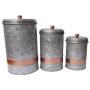 Benjara Galvanized Metal Lidded Canister with Copper Band, Set of Three, Gray