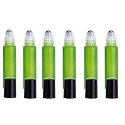 6PCS 10ml/0.34oz Empty Refillable Frosted Green Glass Roller Bottles With Stainless Steel Roller Ball Cosmetic Dispenser Container Vial Jar Pot Holder for Essential Oil Perfumes Lip Oil and More