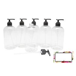 Baire Bottles - 8 Ounce Clear Plastic Bottles with Black Pumps, Organize Soap, Shampoo and Lotion with a Clean, Clear Look, PET, Lightweight, No BPA, 6 Pack, including 6 Floral Labels