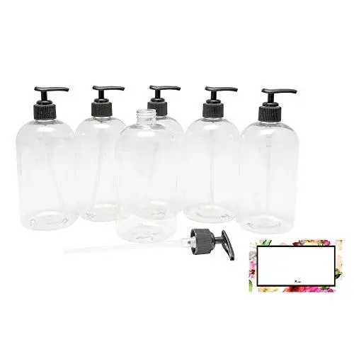 Baire Flaschen – 8 Unzen Klare Plastikflaschen mit schwarzen Pumpen, um Seife, Shampoo und Lotion ordentlich und klar zu organisieren, PET, leicht, BPA-frei, 6er-Set, inklusive 6er floraler Etiketten