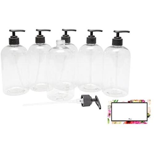 Baire Bottles - 16 oz Clear Plastic Refillable Bottles with Black Pumps - Organize Soap, Shampoo and Lotion with Clean, Clear Look - PET, Lightweight, BPA Free - 6 Pack, including 6 Floral Labels