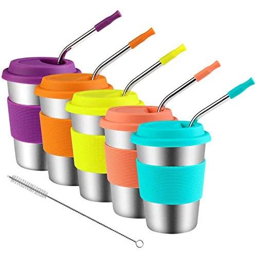 Kids Stainless Steel Cups With Silicone Lids & Straws, Kereda 5 Pack 12 oz. Drinking Tumblers Eco-Friendly BPA-Free for Adults, Children and Toddlers