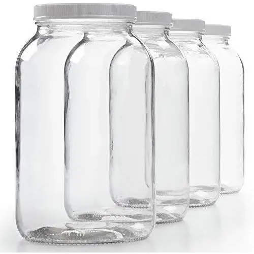 4 Pack - 1 Gallon Glass Jar w/Plastic Airtight Lid, Muslin Cloth, Rubber Band - Wide Mouth Easy Clean - BPA Free & Dishwasher Safe - Kombucha, Kefir, Canning, Sun Tea, Fermentation, Food Storage