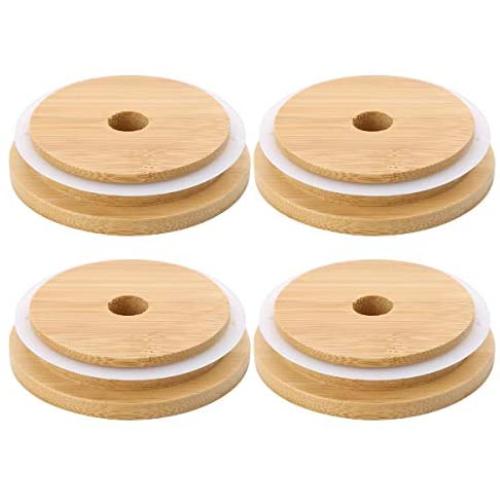 YOOJIA 4PCS Reusable Wooden Mason Jar Lids with Straw Hole Wide Mouth Bamboo Caps Canning Jar Lid Replacements Wood Color 70mm