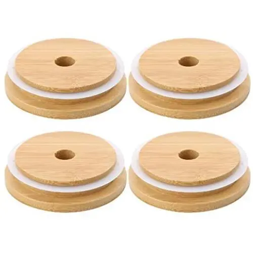 4er Set Wiederverwendbare Bambusdeckel mit Strohlöcher und Silikonring für Mason Gläser, Konservgläser, Trinkgläser, Holzfarben, 86mm Innendurchmesser