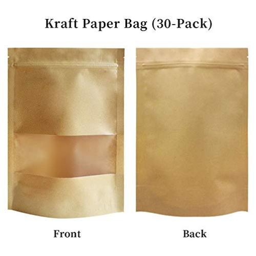 51groups Kraft Paper Bag with Transparent Window (30-Pack) Dry Food Snack Storage | Home, DIY, Commercial Use | Store Coffee, Tea Leaves, Nut, Candy | Food-Grade Safe 7" X 10"