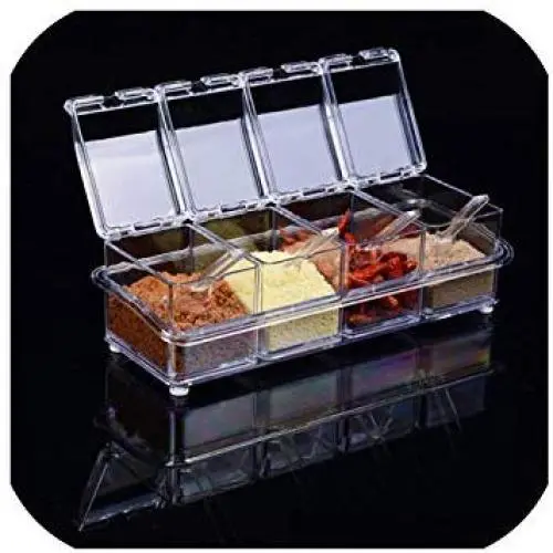 Klare Gewürzregal-Würgetöpfe, 4-teilig, Acryl-Aufbewahrungsboxen, Condiment-Gläser mit Deckel und Löffel