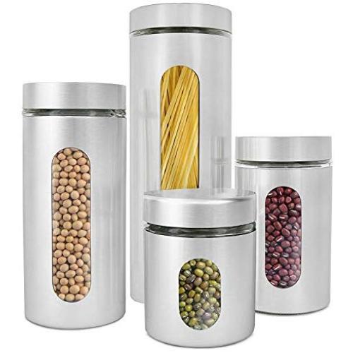 4 Piece Brushed Stainless Steel and Glass Canisters with Window, Silver