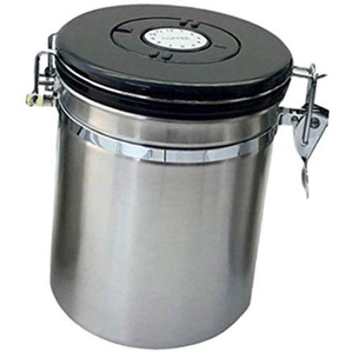 Stainless Steel Airtight Canister with Co2 Vent Valve ＆ Date Tracker Wheel and Locking Clamp for Kitchen, Coffee Ground Vault Jar, Silver, M