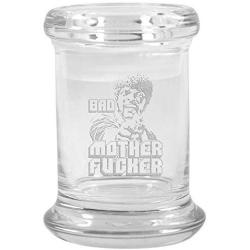 Clear Glass Herb Stash Jar with Lid 2.75 oz with Bad Mother f***** Logo from Smoke Promos