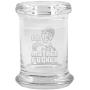 Clear Glass Herb Stash Jar with Lid 2.75 oz with Bad Mother f***** Logo from Smoke Promos