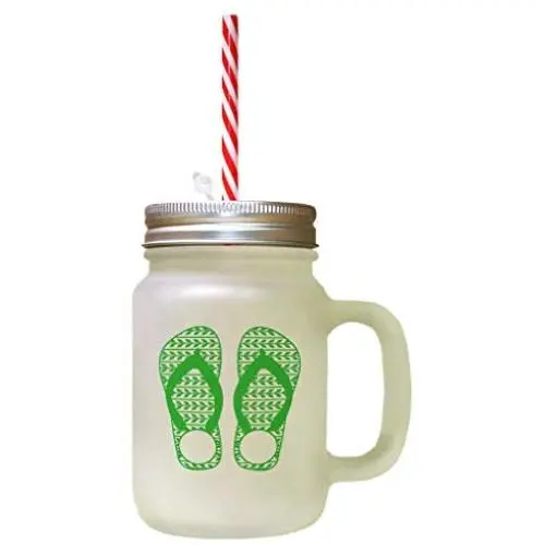 Green Slipper Image Frosted Glass Mason Jar With Straw Green Slipper Image Frosted Glass Mason Jar With Straw