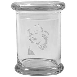 Clear 8 oz Glass Herb Stash Jar and Lid with Marilyn Monroe Logo from Smoke Promos