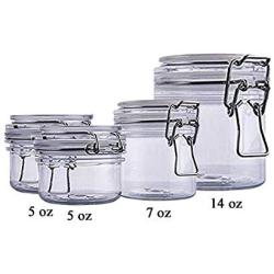 The Grindstone | Assorted Set of PET Plastic Kilner Style Jars | Round Clear Acrylic | Airtight Mason Style Canister Lids | Set of two 5 oz, one 7 oz, one 14 oz Storage Jars | Pack of 4