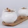 Kitchen seasoning box/Ceramic Condiment Storage Container with Bamboo Wood Tray Salt jar Three-Piece Set