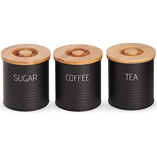 VonShef 3pc Canister Set with Bamboo Lids, Kitchen Containers for Coffee, Sugar, Tea with Airtight Seal, Modern Design Canisters, Set of 3, 1 Quart Capacity, 38oz