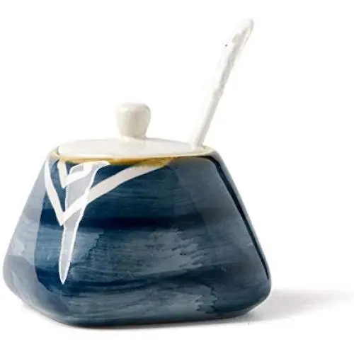 Japanischer Stil Handabdruck Streifen Zuckerdispenser Schale Set mit Deckel, Salz- und Pfeffermehlspeicherskål, Zuckerbehälter, Gewürzschale mit Löffel für Zuhause und Küche, Blau, Weiß