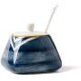 Japanese Style Hand-print Stripe Sugar Dispenser Sugar Bowl Set Lidded Bowl Salt Pepper Storage Jar Pot Sugar Container Seasoning Pot Holder with Spoon for Home and Kitchen,Blue,White