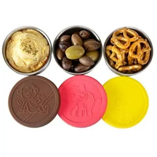 Pinwheelers Mini Edelstahl Lebensmittelbehälter Set 3 x 3,7 oz mit wasserdichten Silikonverschlüssen, Perfekt für Kinder Snacks, Dip-Becher, Saucen oder Dressingbehälter (Safari Trio)