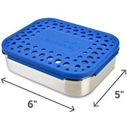 LunchBots Medium Quad Snack Container - Divided Stainless Steel Food Container - Four Sections for Finger Foods On the Go - Eco-Friendly, Dishwasher Safe - Stainless Lid - Blue Dots