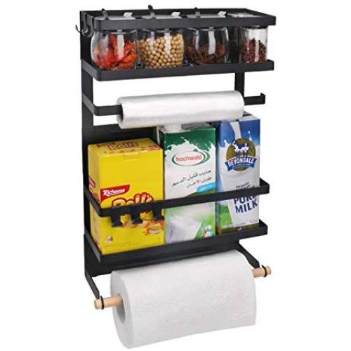 Magnetic Kitchen Rack Fridge Organizer, Spice Jars Rack, Multi Use Refrigerator Side Storage Shelf with 5 Removable Mobile Hooks,Large,Black