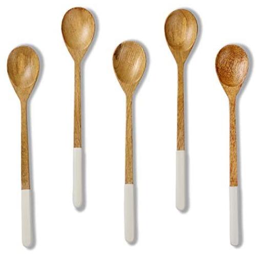 Folkulture Wooden Spoons for Cooking or Eating Soup or Rice, Mango Wood Mini Spoons for Korean or Japanese Meals, Small Wooden Spoons or Utensils for Mixing or Stirring, Set of 5, 9 inch, White