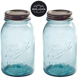 Ball Mason Jars 32 oz Regular Mouth Aqua Vintage Colored Glass Bundle with Non Slip Jar Opener- Set of 2 Quart Size Mason Jars - Canning Glass Jars with Lids