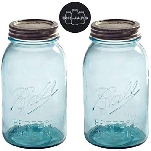Ball Mason Glashauben 32 oz Regular Mouth Vintage Farbstoff-Bundel mit Nicht-Rutsch-Deckelöffner – Set von 2 Quart Glashauben – Einmachgläser mit Deckeln