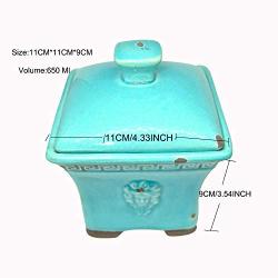 Unique Blue Mystery Ceramic Pottery Tripod Head Cotton Ear Bud Pad Jar Ceramic Storage