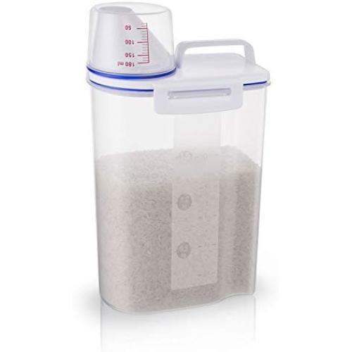 Rice Storage Bin Cereal Containers Dispenser with BPA Free Plastic + Airtight Design + Measuring Cup + Pour Spout - 2KG Capacities of Rice Perfect for Rice Cooker