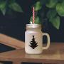 Royal Blue Christmas Tree #6 Frosted Glass Mason Jar With Straw