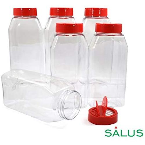 SALUSWARE - 6 PACK - 32 Oz with Red Cap - Plastic Spice Jars Bottles Containers ? Perfect for Storing Spice, Herbs and Powders ? Lined Cap - Safe Plastic ? PET - BPA free - Made in the USA…