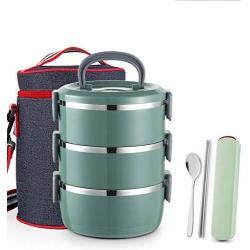 Thermos Food Jar Thermos Stainless Food Flask,Leakproof Insulated Food Containers,High-capacity,Multi-storey,Portable Insulated Bag (Color : Green, Size : 2100ML)