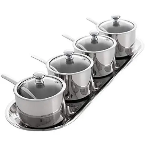 Ensemble de Pots en Inox pour Condiments, 3 avec Cuillères et Couvercle en Verre Transparent, Jeu de Pots de Conserve pour Épices avec Support, pour Rangement Cuisine Ensemble de Pots en Inox pour Condiments, 3 avec Cuillères et Couvercle en Verre Transparent, Jeu de Pots de Conserve pour Épices avec Support, pour Rangement Cuisine