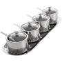 Stainless Steel Condiment Pots Set, 3 with Spoons And A Visual Glass Cover, Spice Preserving Jar Set with Holder, for Kitchen Storage,4jars