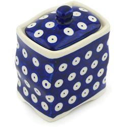 Polish Pottery Jar with Lid 4-inch Blue Eyed Peacock